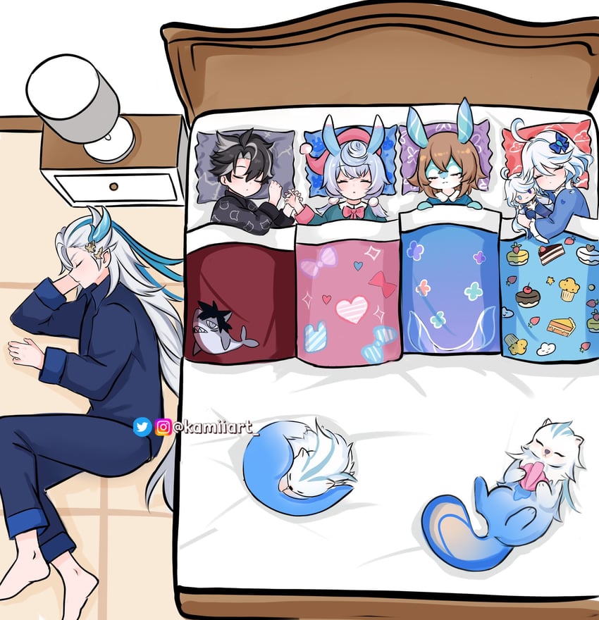 furina, neuvillette, wriothesley, sigewinne, focalors, and 2 more (genshin impact) drawn by kamiiart