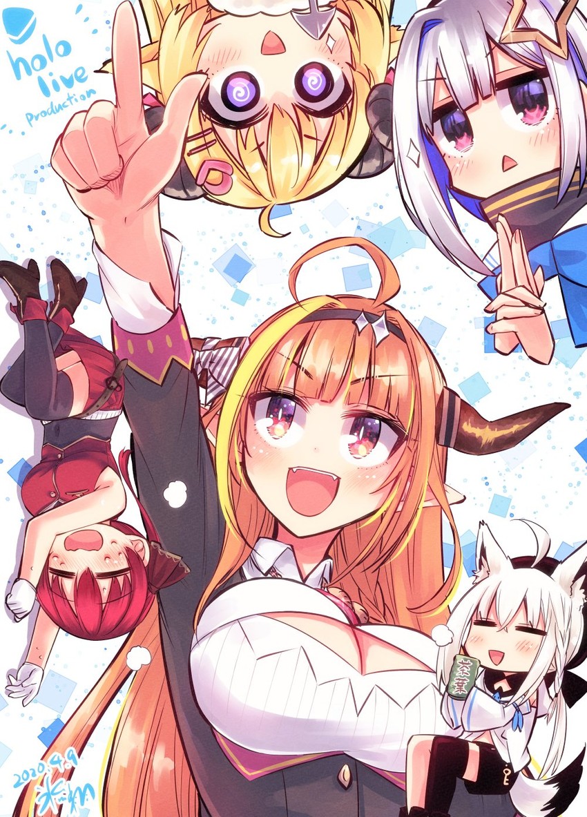 houshou marine, shirakami fubuki, amane kanata, kiryu coco, and tsunomaki watame (hololive) drawn by hikawa_shou