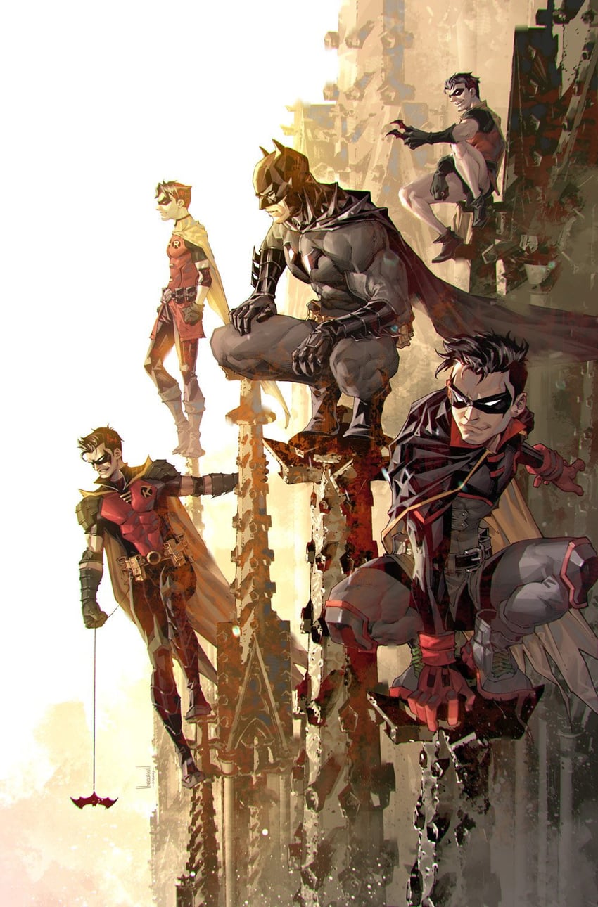 batman, robin, bruce wayne, dick grayson, jason todd, and 2 more (dc comics and 1 more) drawn by kael_ngu