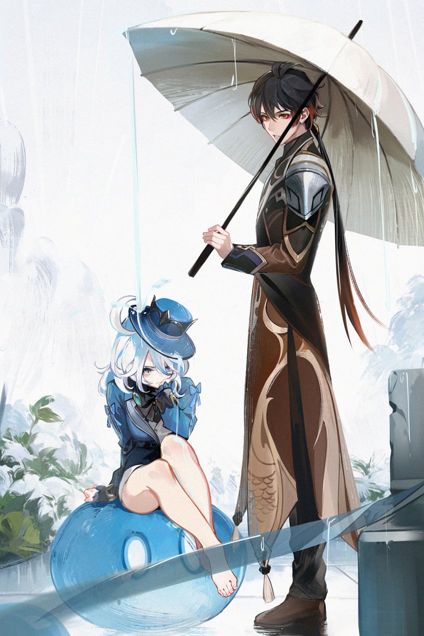 furina, zhongli, slime, and hydro slime (genshin impact) drawn by chiboluodeboluo