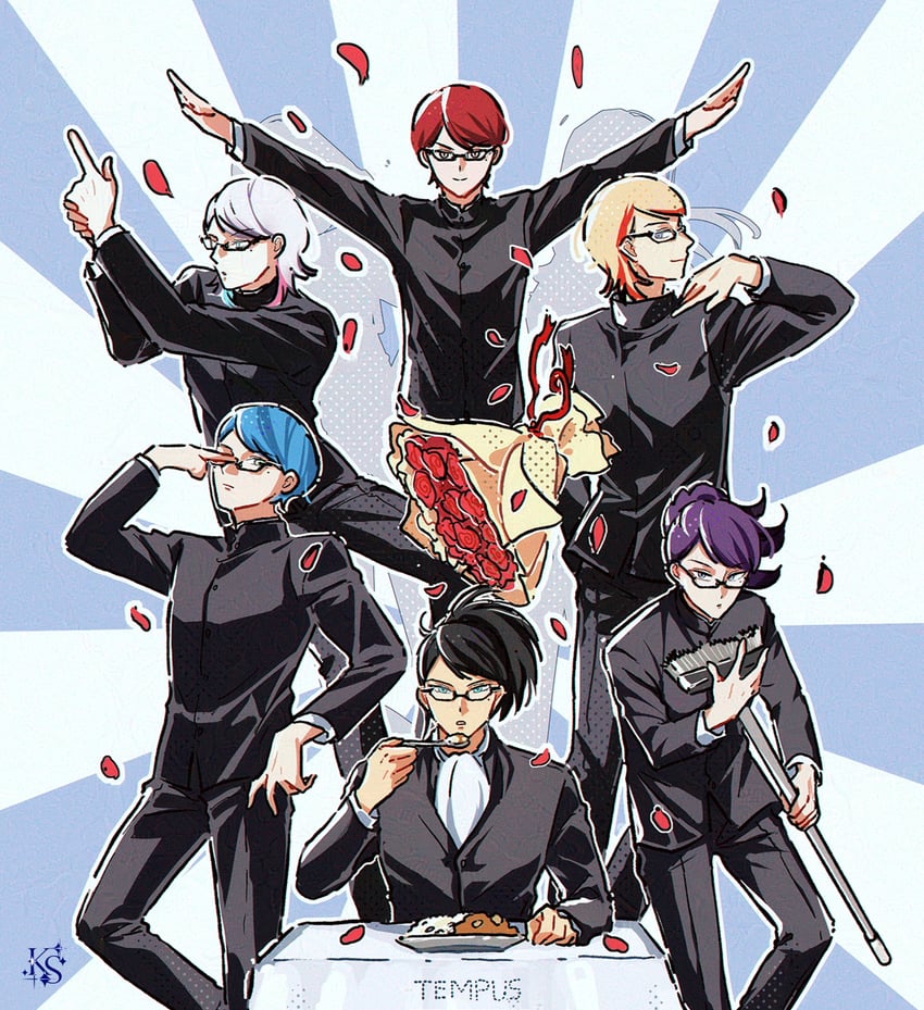 gavis bettel, machina x flayon, regis altare, axel syrios, banzoin hakka, and 2 more (holostars and 2 more) drawn by kaes_madanni