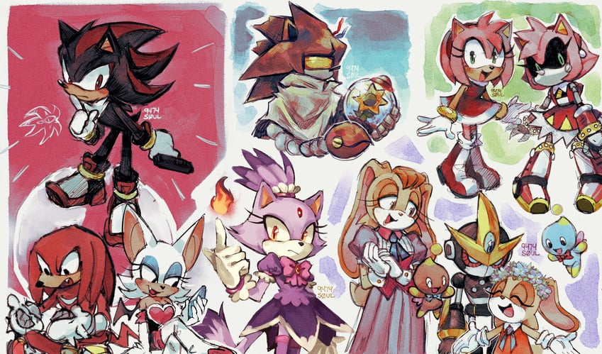 shadow the hedgehog, amy rose, blaze the cat, rouge the bat, knuckles the echidna, and 9 more (sonic and 2 more) drawn by 9474s0ul