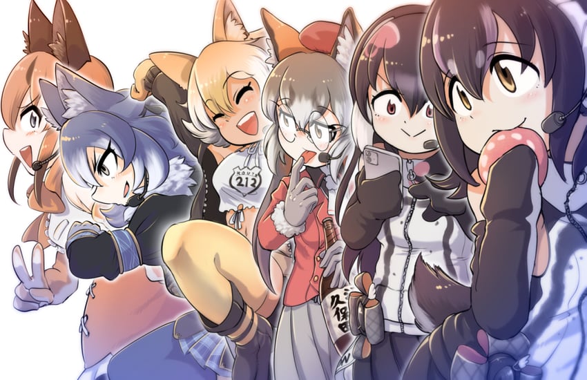 island fox, humboldt penguin, caracal, coyote, dire wolf, and 1 more (kemono friends and 1 more) drawn by mcgunngu