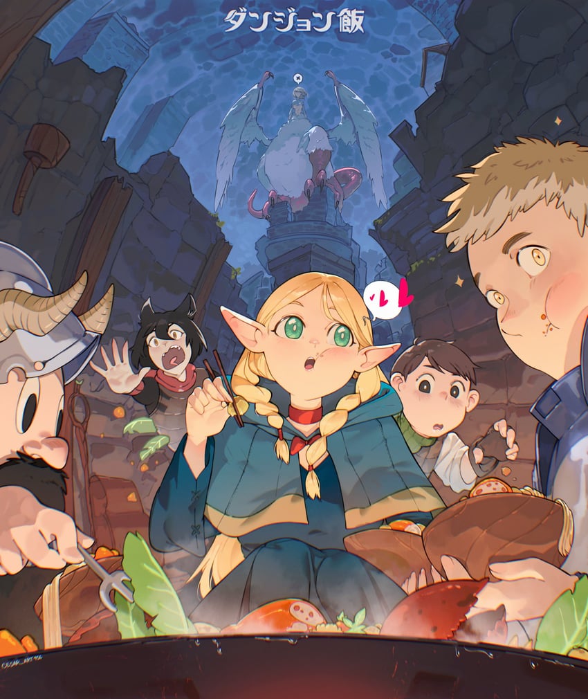 marcille donato, falin touden, laios touden, senshi, chilchuck tims, and 1 more (dungeon meshi) drawn by cesar_art456