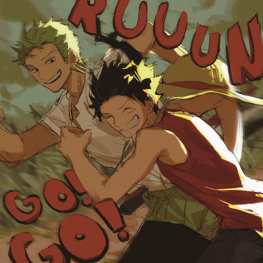 monkey d. luffy and roronoa zoro (one piece) drawn by nhi