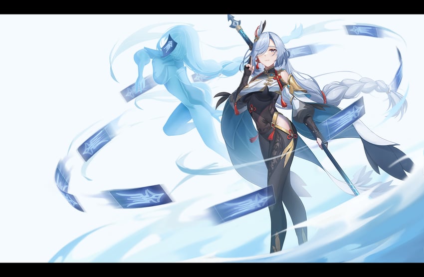 shenhe and shenhe's talisman spirit (genshin impact) drawn by kurosara