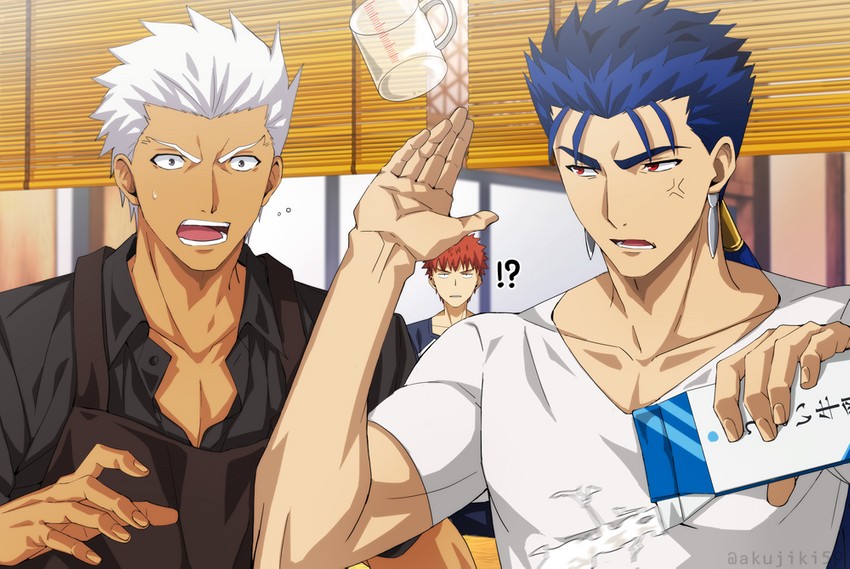 emiya shirou, archer, and cu chulainn (fate and 1 more) drawn by akujiki59