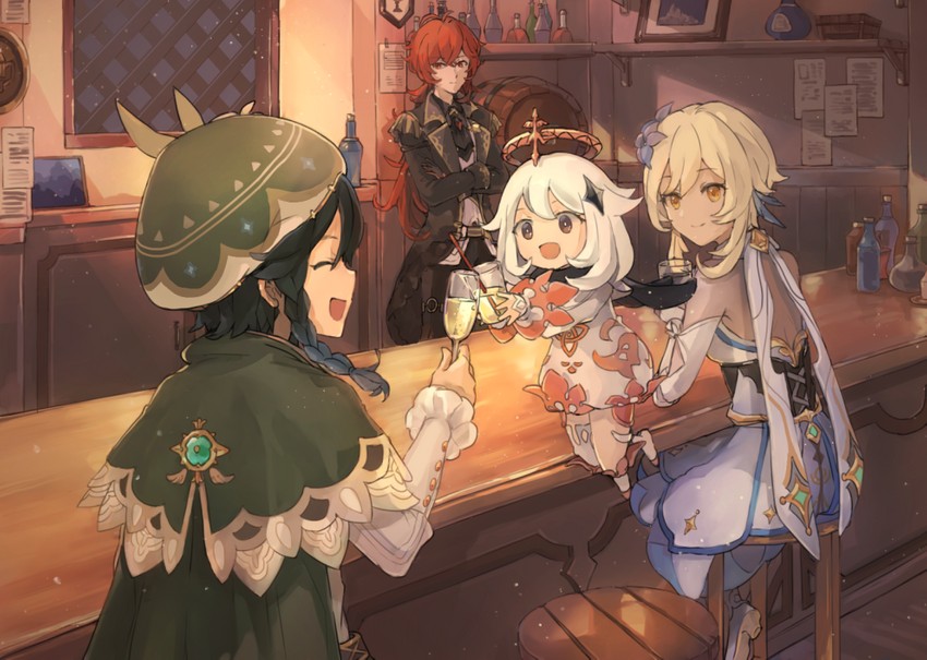 lumine, venti, paimon, and diluc (genshin impact) drawn by 241_(nishiki)