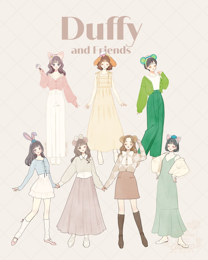 duffy the disney bear, shelliemay, stellalou, gelatoni, cookieann, and 2 more (duffy and friends) drawn by meecosme