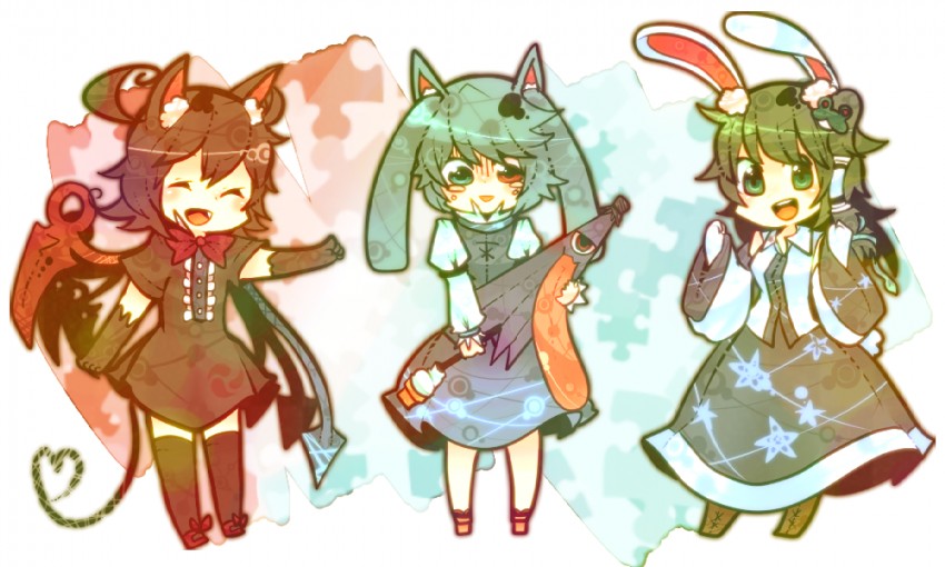 kochiya sanae, tatara kogasa, and houjuu nue (touhou) drawn by itomugi-kun