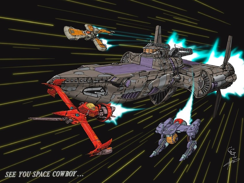 swordfish ii, red tail, bebop, and hammerhead (cowboy bebop) drawn by chrome_gear