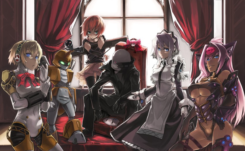 charlotte, aigis, hei, suou pavlichenko, t-elos, and 3 more (mahou shoujo madoka magica and 8 more) drawn by moku_(racie45bv)