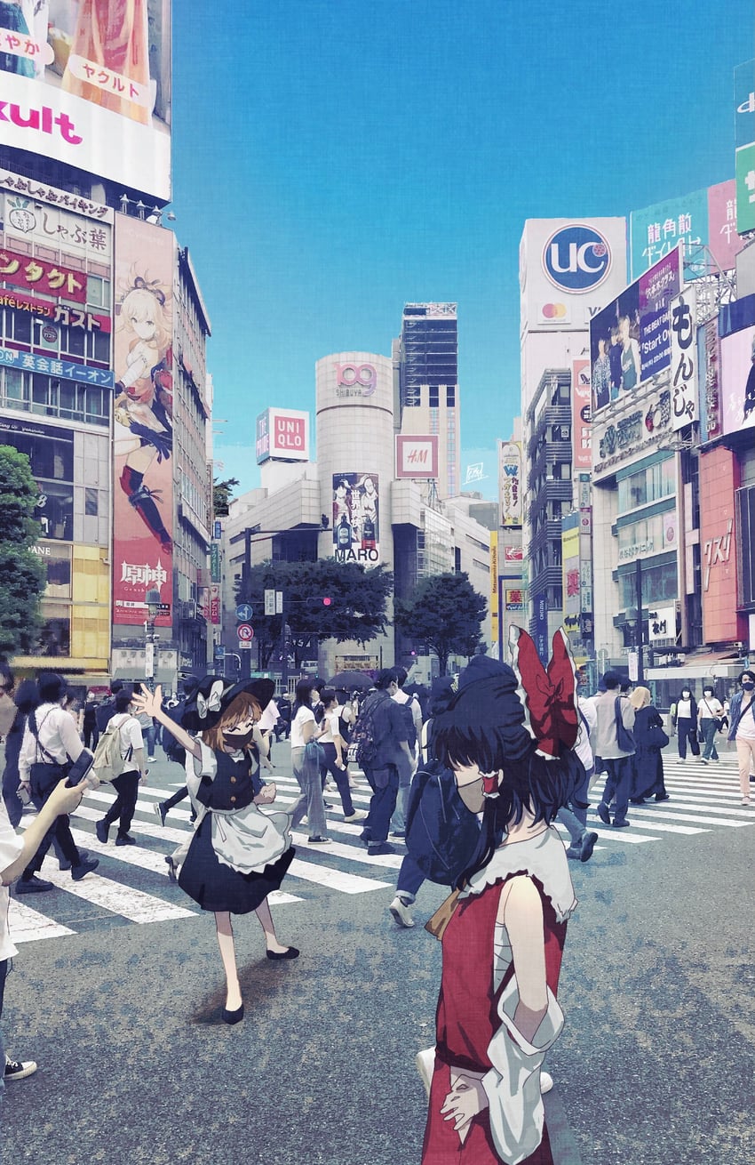 hakurei reimu, kirisame marisa, monkey d. luffy, roronoa zoro, and yoimiya (touhou and 2 more) drawn by sokura_(mochichitose)