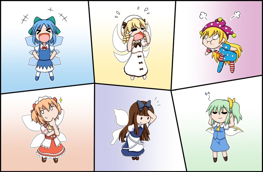 cirno, daiyousei, clownpiece, star sapphire, luna child, and 1 more (touhou) drawn by rakugaki-biyori