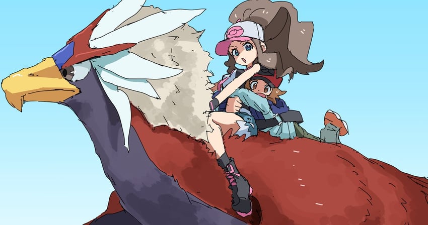 hilda, hilbert, and braviary (pokemon and 1 more) drawn by nyagiratwist