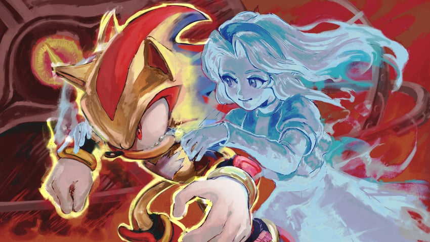 shadow the hedgehog, maria robotnik, super shadow, and black doom (sonic and 2 more) drawn by kornart