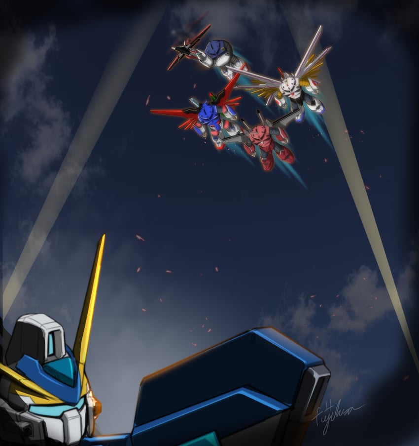 mighty strike freedom gundam, destiny gundam spec ii, z'gok, infinite justice gundam type ii, windam, and 1 more (gundam and 2 more) drawn by fujikusa