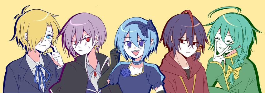 claire elford, ashe bradley, wilardo adler, noel levine, and sirius gibson (witch's heart) drawn by biyo