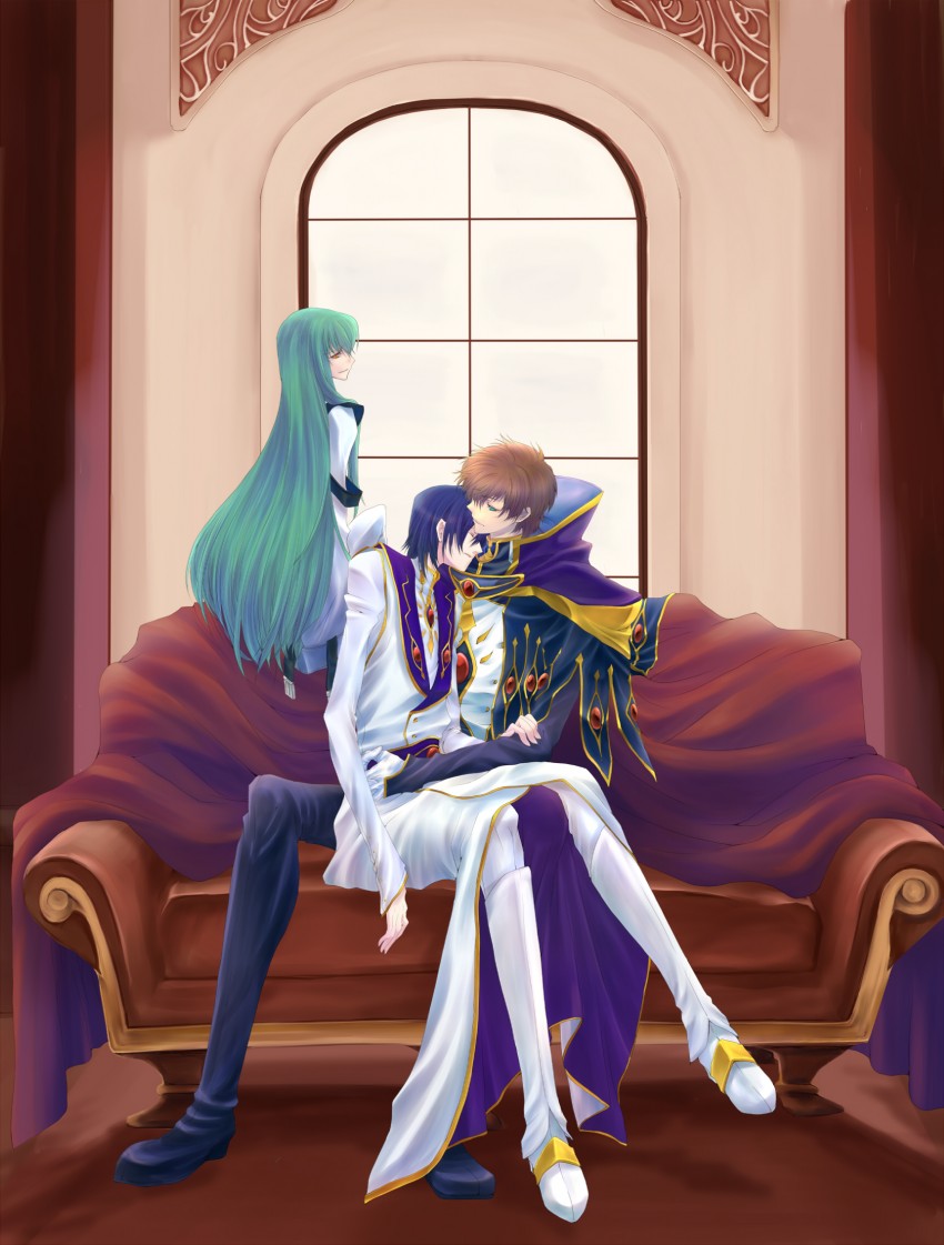 c.c., lelouch vi britannia, and kururugi suzaku (code geass) drawn by kaz10