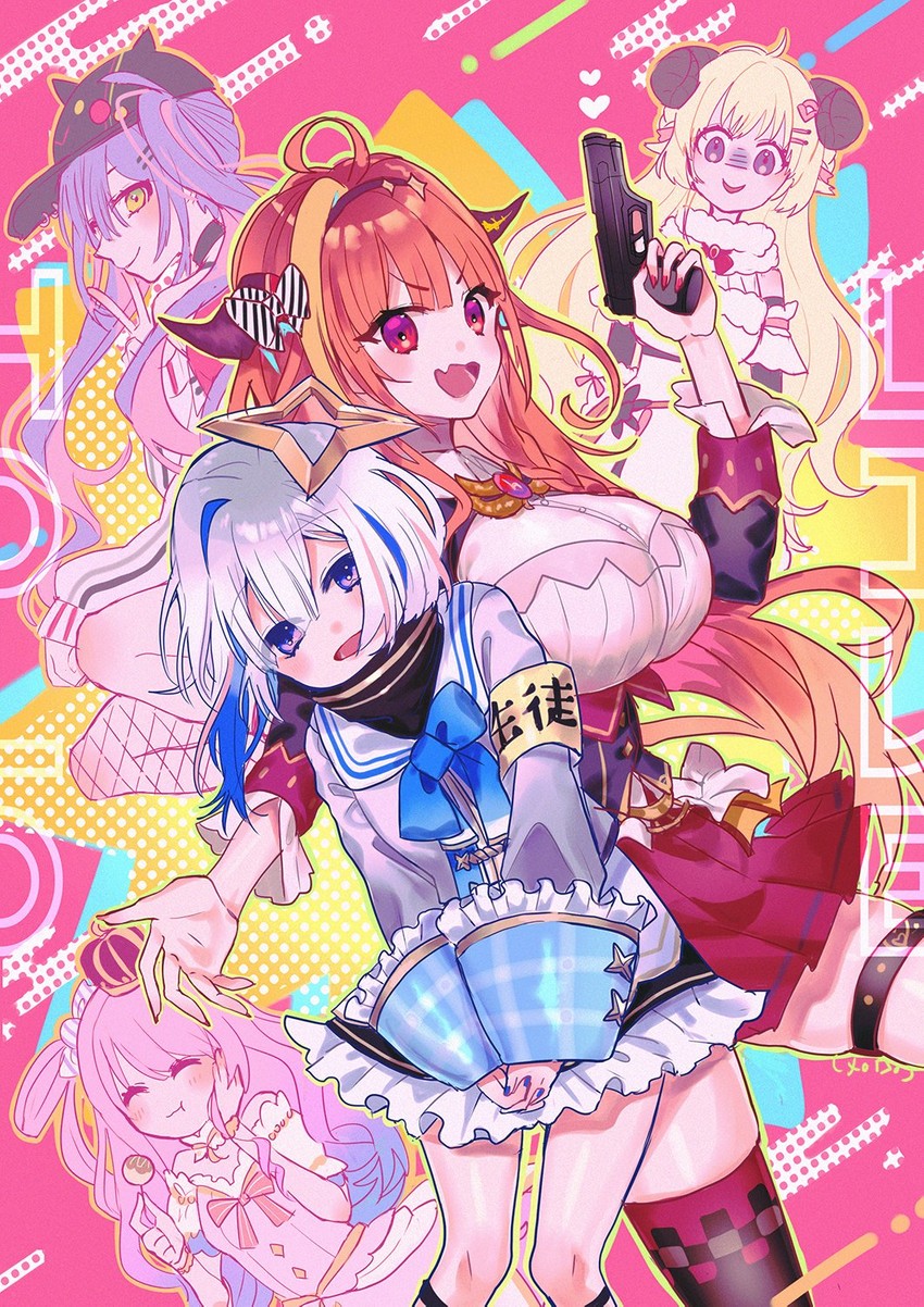 tokoyami towa, amane kanata, kiryu coco, tsunomaki watame, himemori luna, and 1 more (hololive) drawn by merocake