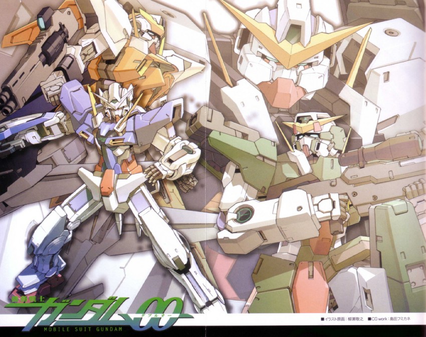 gundam exia, gundam dynames, gundam virtue, and gundam kyrios (gundam and 1 more) drawn by shimada_fumikane and yanase_takayuki