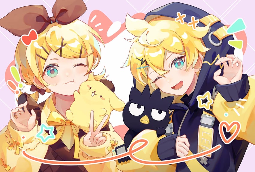 kagamine rin, kagamine len, pompompurin, and badtz-maru (vocaloid and 1 more) drawn by nanasun_(nnsn02777)