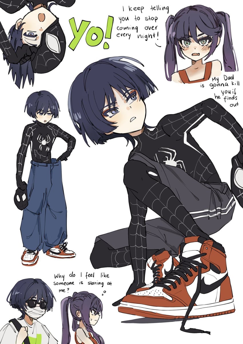 scaramouche, mona, and spider-man (genshin impact and 4 more) drawn by ysnden