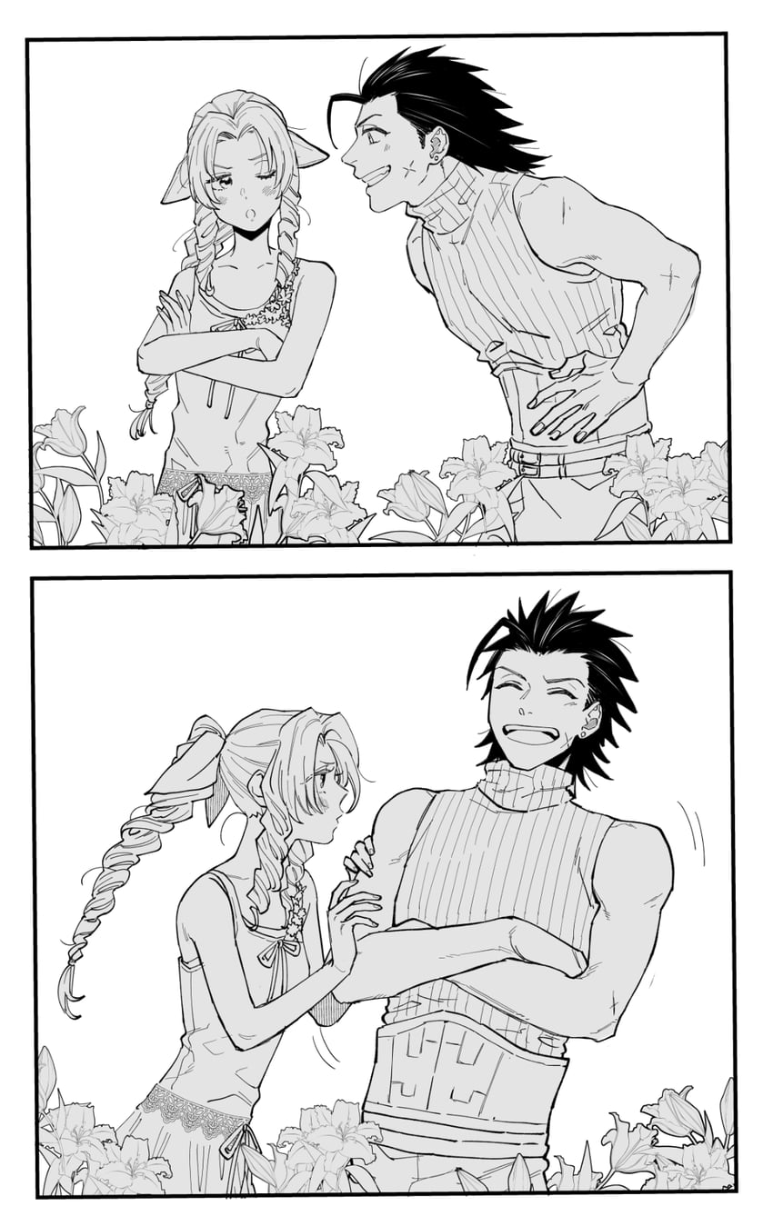 aerith gainsborough and zack fair (final fantasy and 2 more) drawn by shouyu_(soysoy)
