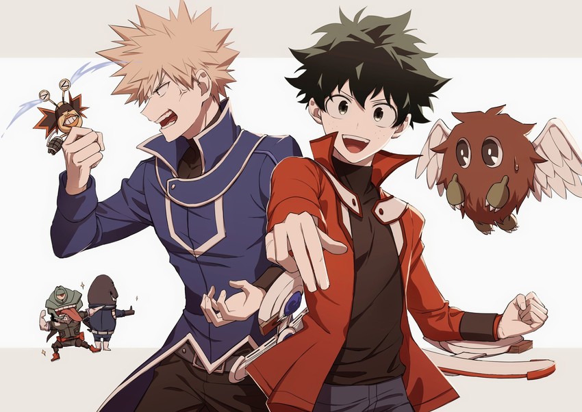 midoriya izuku, bakugou katsuki, yuki judai, manjoume jun, winged kuriboh, and 3 more (yu-gi-oh! and 2 more) drawn by amedan