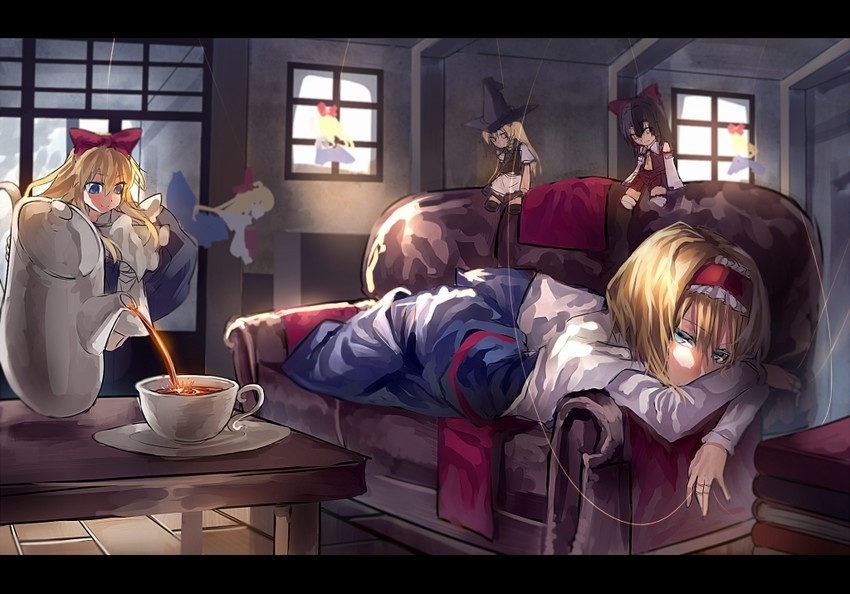 hakurei reimu, kirisame marisa, alice margatroid, and shanghai doll (touhou) drawn by u_u_zan