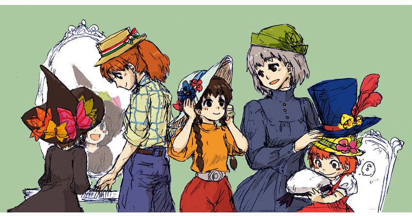 kiki, sophie hatter, sheeta, ponyo, and fio piccolo (studio ghibli and 5 more) drawn by suguru_(tobiume)