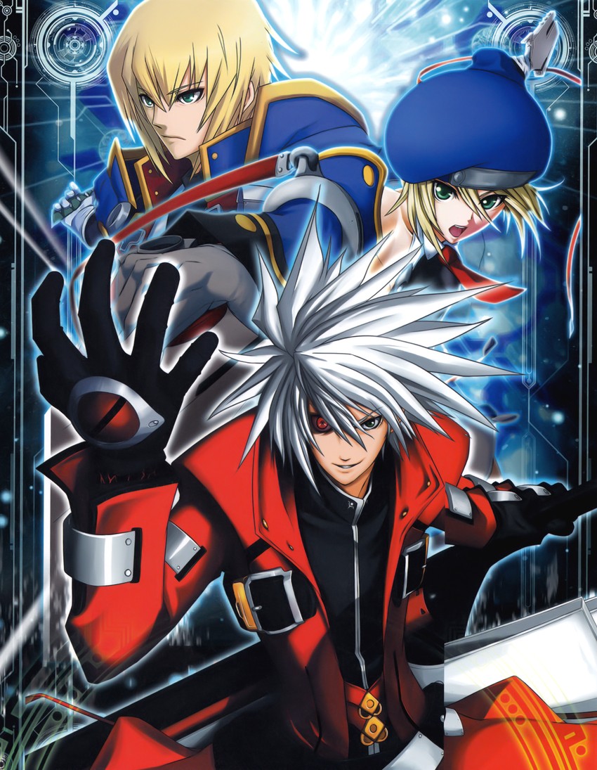 noel vermillion, ragna the bloodedge, and jin kisaragi (blazblue and 1 more) drawn by mori_toshimichi