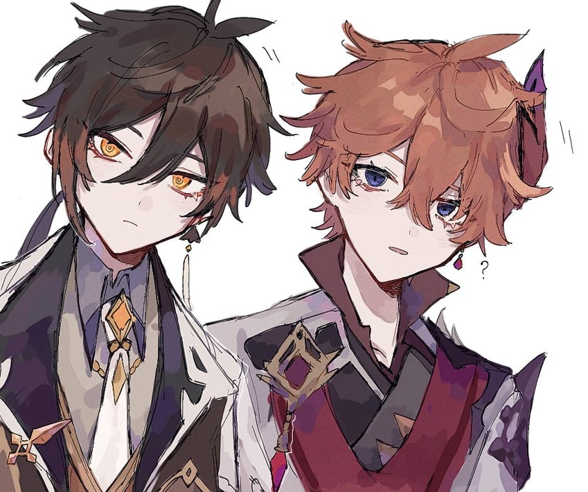 zhongli and tartaglia (genshin impact) drawn by taraba_teba