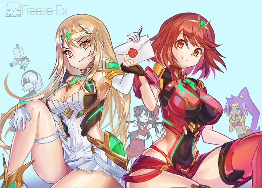 hakurei reimu, 2b, pyra, mythra, shantae, and 1 more (touhou and 6 more) drawn by freeze-ex