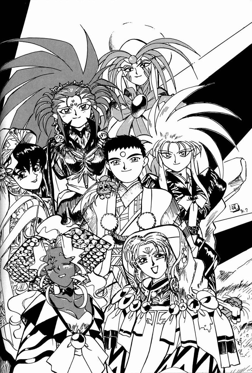 ryouko, masaki sasami jurai, kuramitsu mihoshi, masaki aeka jurai, ryou-ouki, and 4 more (tenchi muyou! and 1 more) drawn by kajishima_masaki