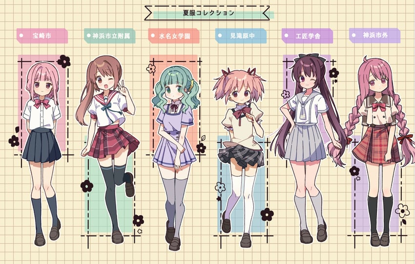 kaname madoka, tamaki iroha, futaba sana, yui tsuruno, amane tsukasa, and 1 more (mahou shoujo madoka magica and 1 more) drawn by ruru_(rurumagi)