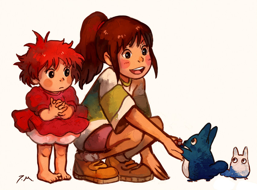 ogino chihiro, ponyo, chibi totoro, and chuu totoro (studio ghibli and 3 more) drawn by bluekomadori