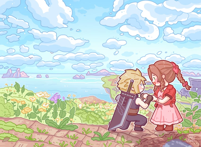 cloud strife and aerith gainsborough (final fantasy and 3 more) drawn by akumarations