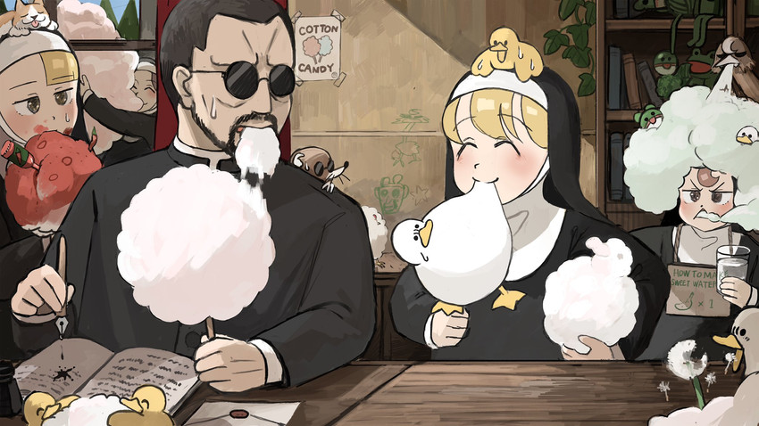 clumsy nun, froggy nun, spicy nun, hungry nun, and father (little nuns) drawn by diva_(hyxpk)