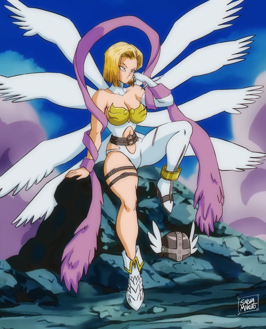 android 18 and angewomon (dragon ball and 1 more) drawn by salvamakoto