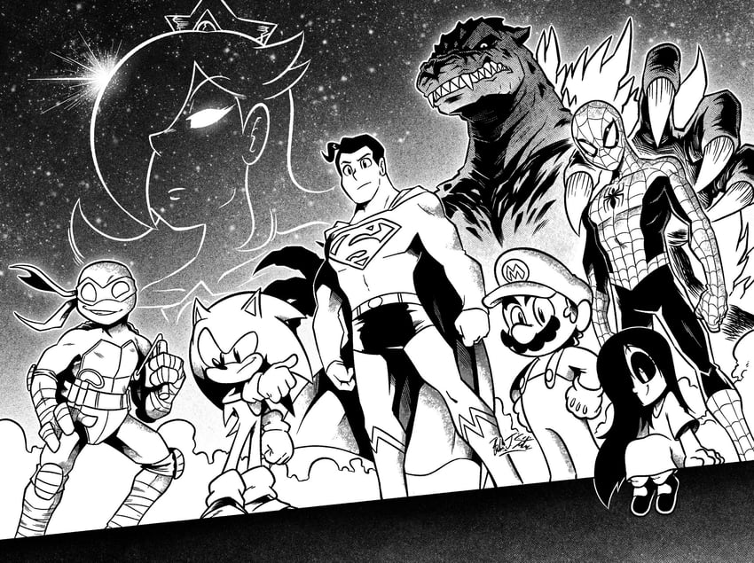 mario, sonic the hedgehog, rosalina, spider-man, godzilla, and 3 more (mario and 9 more) drawn by brandon_santiago
