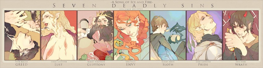 arya stark, petyr baelish, jaime lannister, cersei lannister, lysa tully, and 2 more (a song of ice and fire) drawn by wavesheep