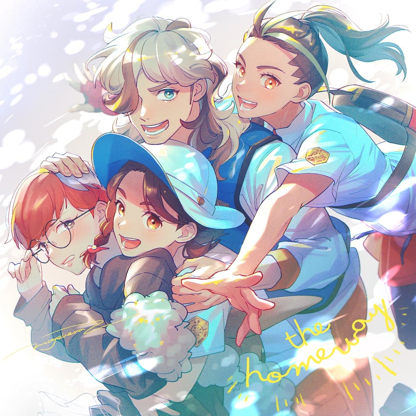 eevee, juliana, nemona, arven, and penny (pokemon and 1 more) drawn by moge-hera