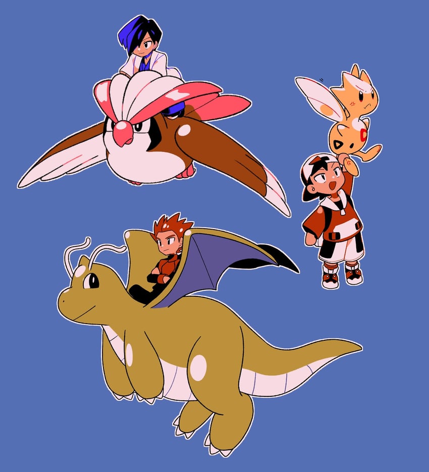 ethan, dragonite, lance, pidgeot, falkner, and 1 more (pokemon and 1 more) drawn by tyako_089