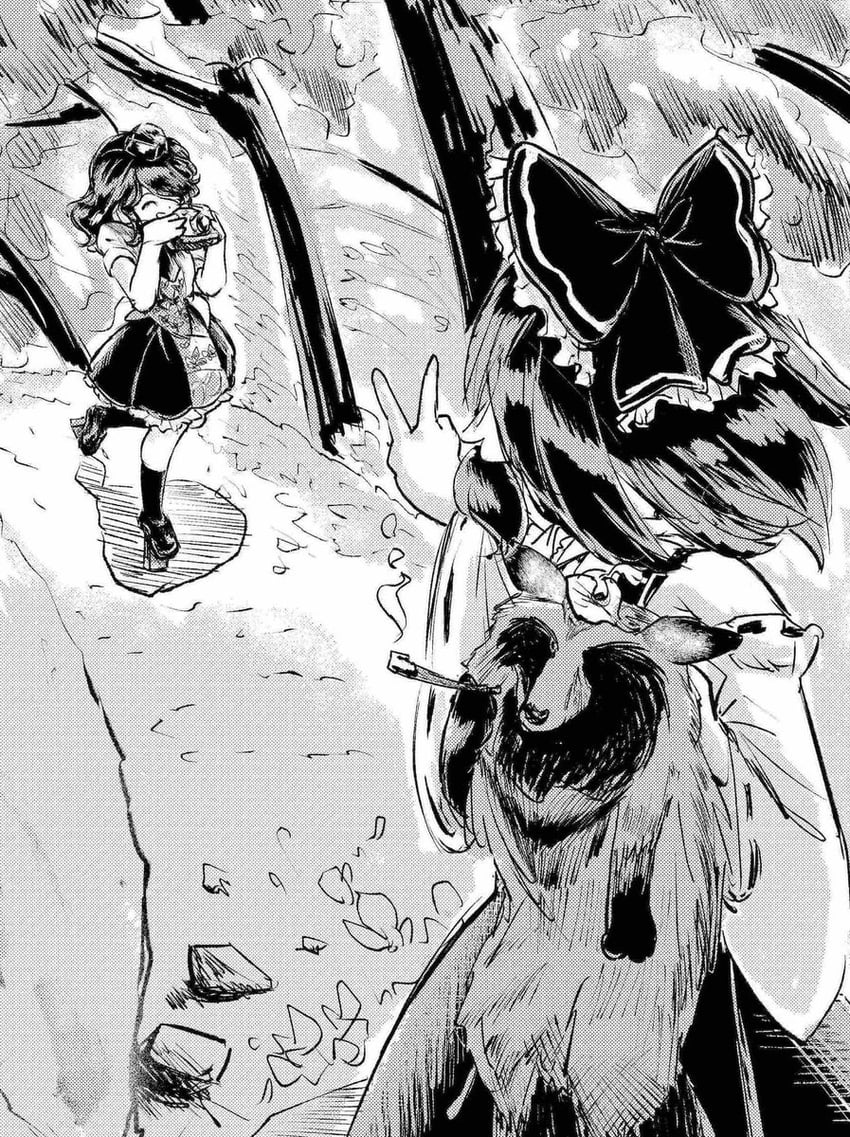 hakurei reimu, shameimaru aya, and futatsuiwa mamizou (touhou) drawn by yatyou
