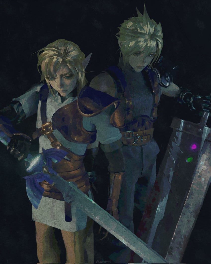 link and cloud strife (final fantasy and 2 more) drawn by akiitopiia