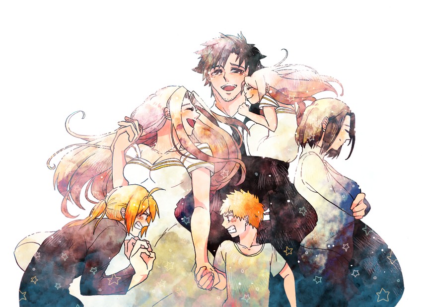 artoria pendragon, saber, illyasviel von einzbern, emiya shirou, emiya kiritsugu, and 2 more (fate and 1 more) drawn by hiotosai