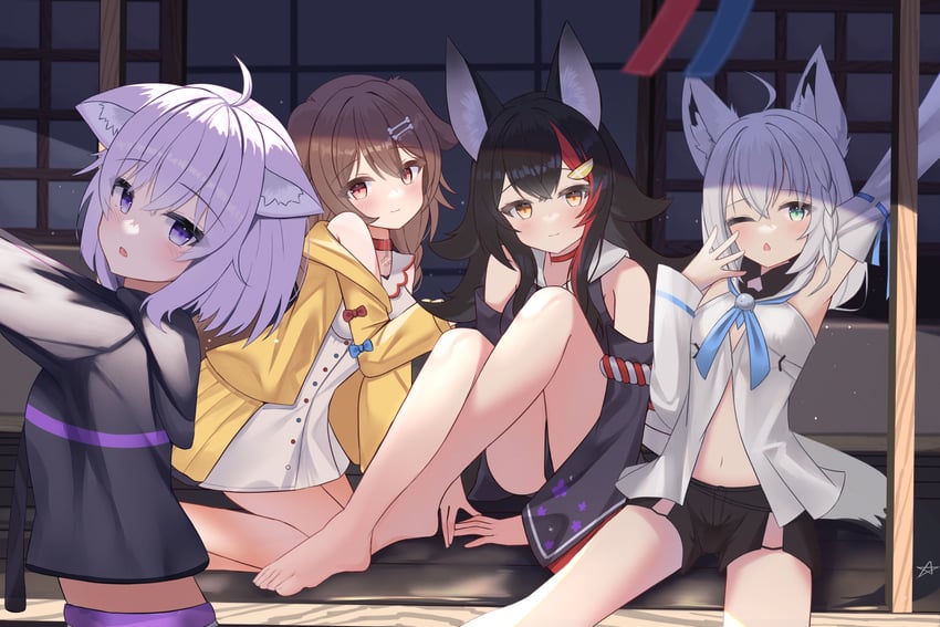 shirakami fubuki, nekomata okayu, ookami mio, and inugami korone (hololive) drawn by kawaiipony2