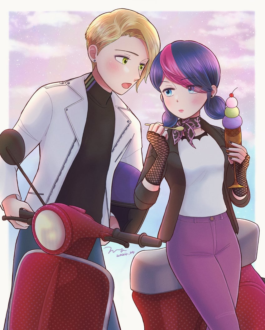 marinette dupain-cheng and adrien agreste (miraculous ladybug) drawn by catnoir_love
