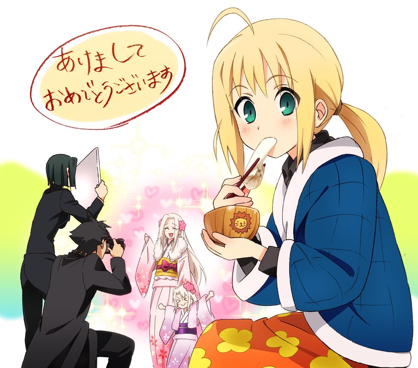 artoria pendragon, saber, illyasviel von einzbern, emiya kiritsugu, irisviel von einzbern, and 1 more (fate and 1 more) drawn by umishima_senbon